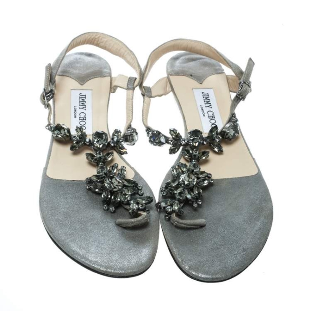 Jimmy Choo Silver Crystal T-Strap Flat Sandals 40.5
